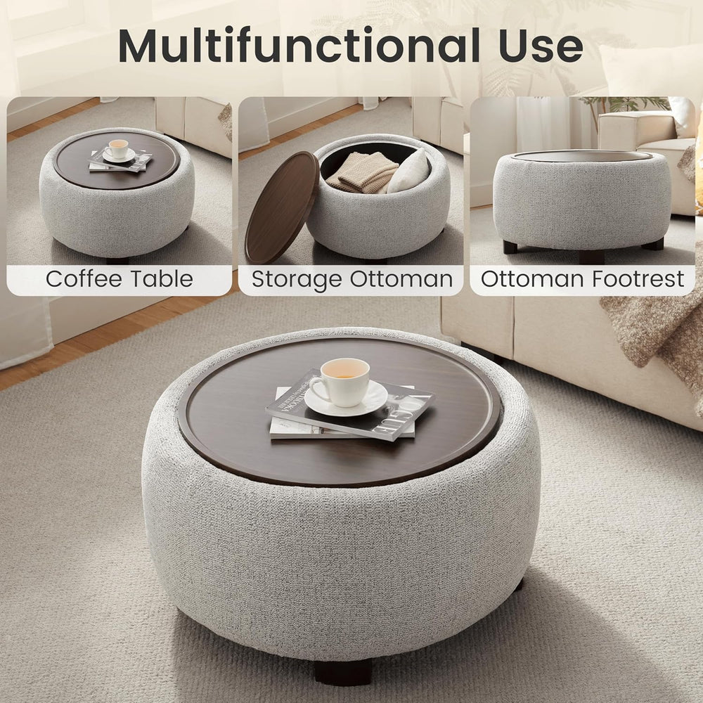 VKNOW 30" Round Storage Ottoman, Ottoman Coffee Table with Removable Woo...