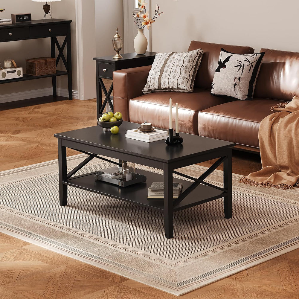 ChooChoo Oxford Coffee Table with Thicker Legs, Black Wood Coffee Table with ...