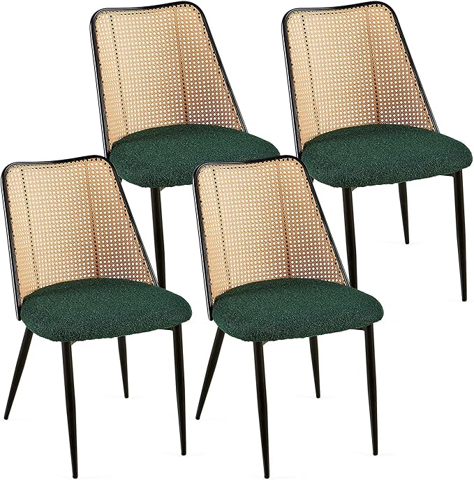 Green Dining Chairs Set of 4, Upholstered Home Kitchen Chairs Woven Rattan Ba...