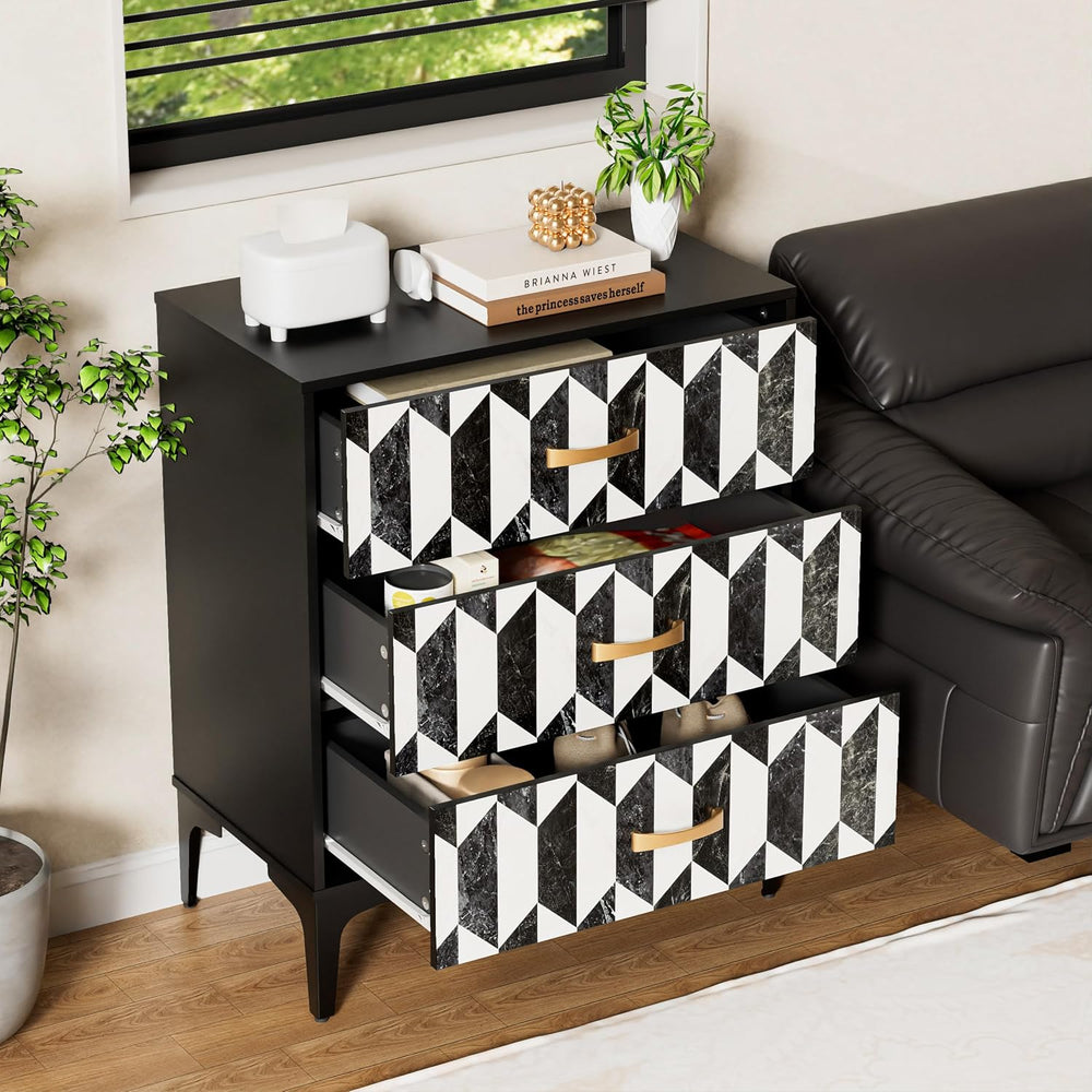 Anbuy Black Marble Nightstand, Modern Night Stand with 3 Drawers for Bedroom,...
