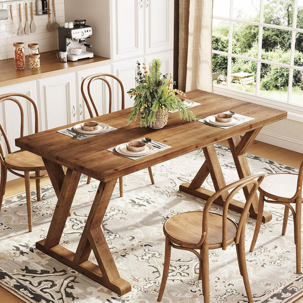 Solid Wood Dining Table for 4-6 People, 63 Inches Wooden Farmhouse Rectangula...