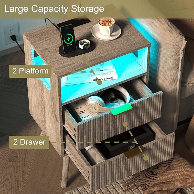 Nightstand with Charging Station and LED Lights,Modern Bedside Table with 2 S...