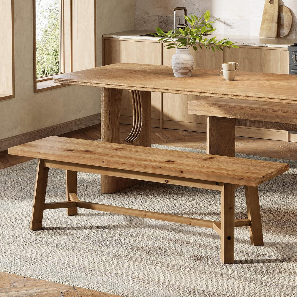 55.12-Inch Solid Wood Dining Bench, Farmhouse Long Kitchen Bench with Strengt...