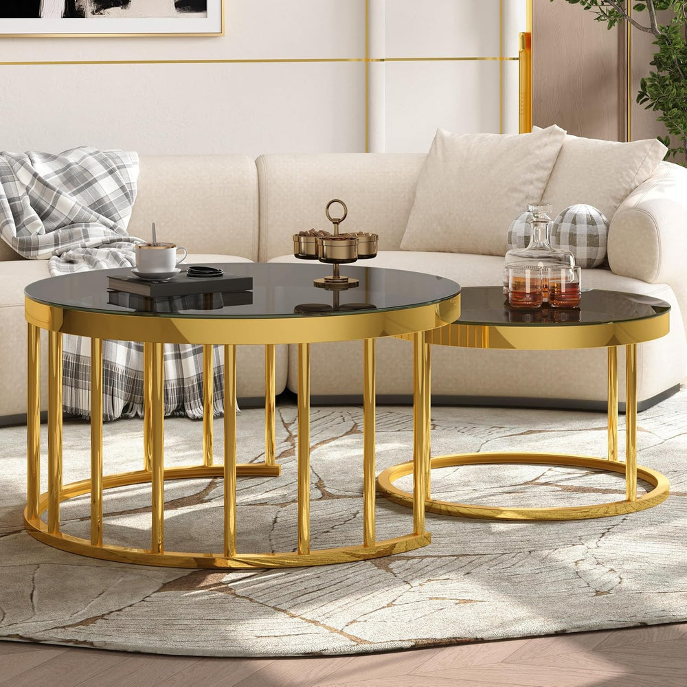 Round Nesting Coffee Table Set of 2 with Gold Frame & Mirrored Top, Black...