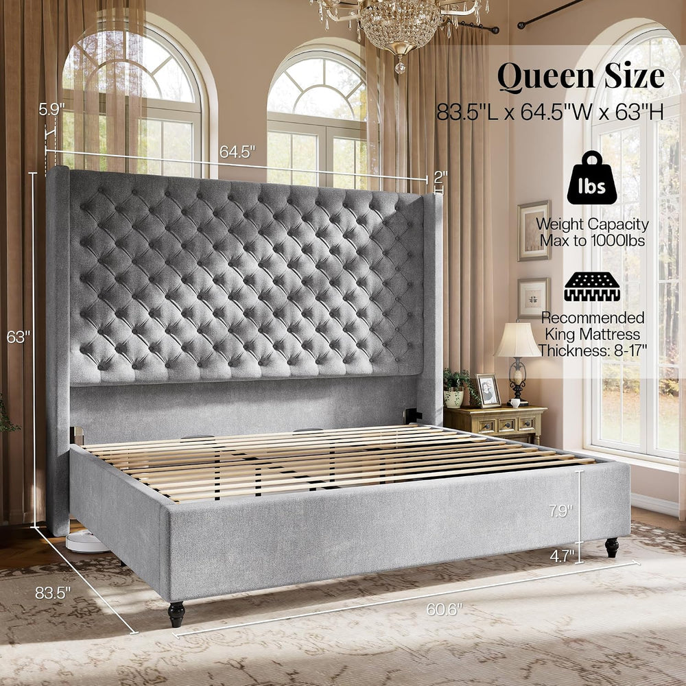 Jocisland Queen Bed Frame with 63" Tall Wingback Headboard, Grey