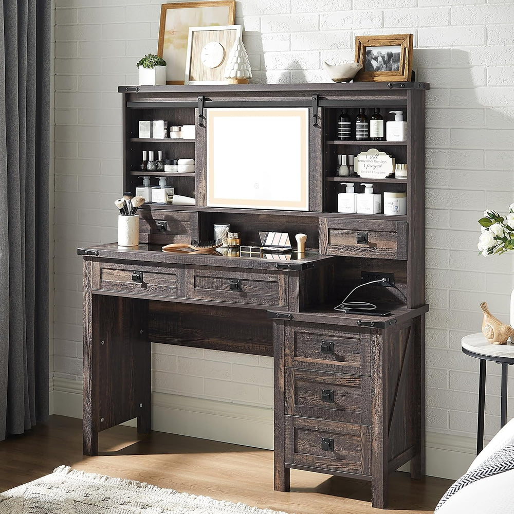 T4TREAM 48'' Farmhouse Makeup Vanity Desk with Sliding HD Mirror and ...