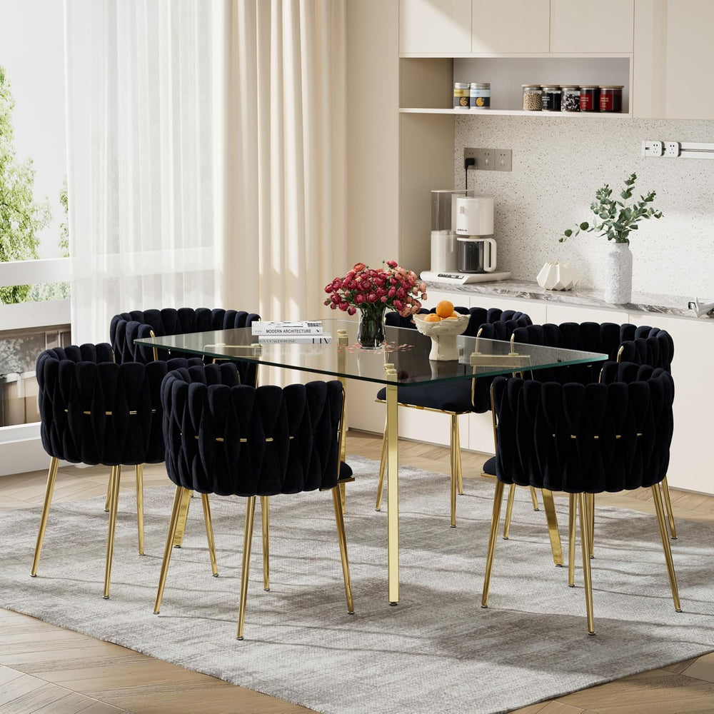 Modern Gold Glass Dining Table Set for 6, 51'' Clear Minimalist Glass...