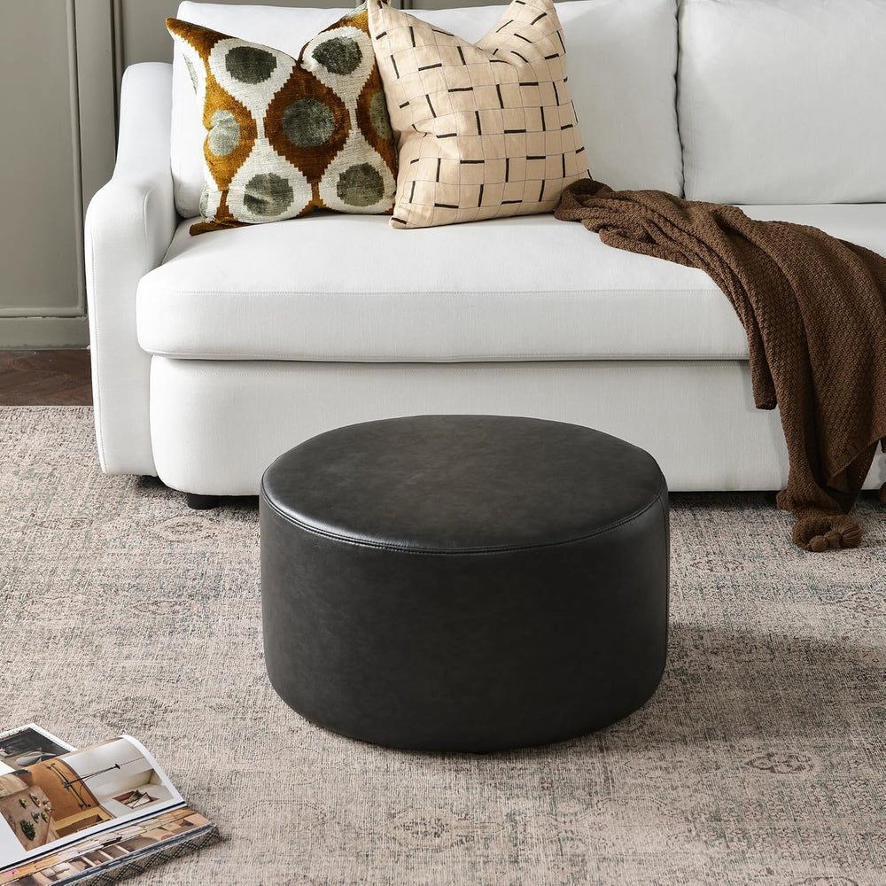 KINWELL Modern Faux Leather Round Upholstered Ottoman, Multi-Functional Sofa ...