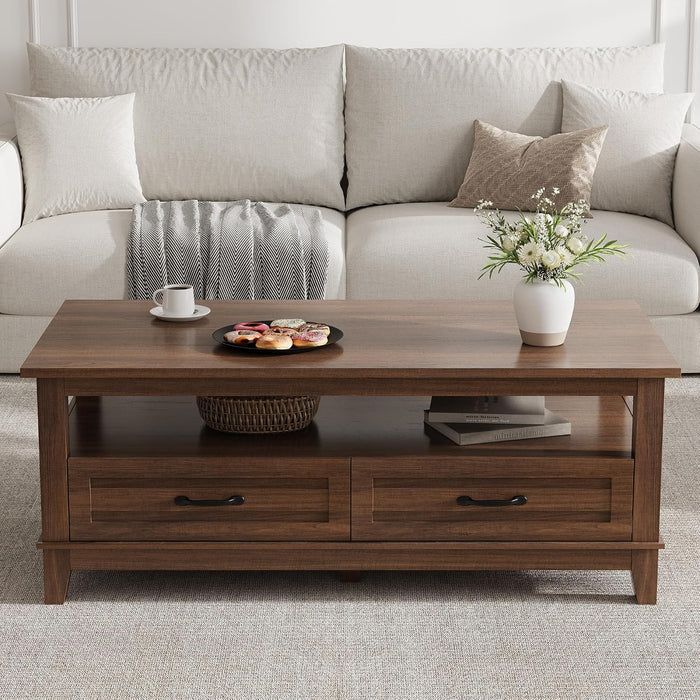 47 Inch Farmhouse Coffee Table, Rustic Wood Center Table with 2 Storage Drawers and Open Shelf, Rectangle Tables, Living Room, Long Cocktail Tables for Office, Parlor, Reading Room