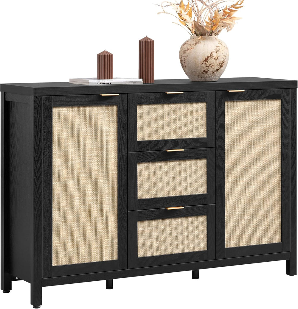 SICOTAS Rattan Sideboard Buffet Cabinet with 3 Drawers, Storage Cabinet
