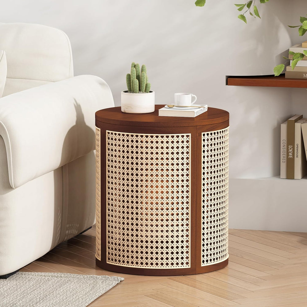 Round Side Table with Rattan Weave Panels, Dark Brown Rubber Solid Wood, 15.7...