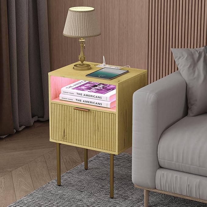 Nightstand with Charging Station, Bedside Table with Storage Drawer, Fluted S...