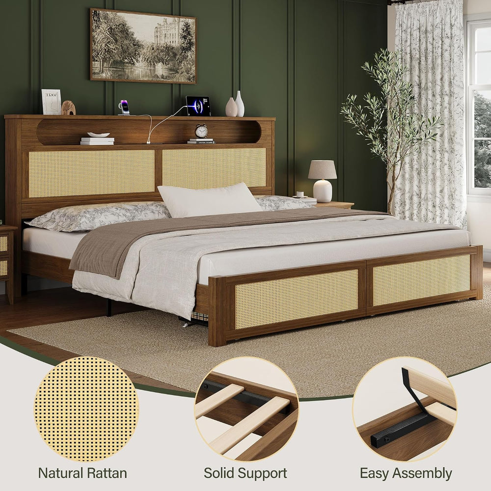 Belffin King Size Rattan Bed Frame with 2 Storage Drawers, Wood Bed, Brown