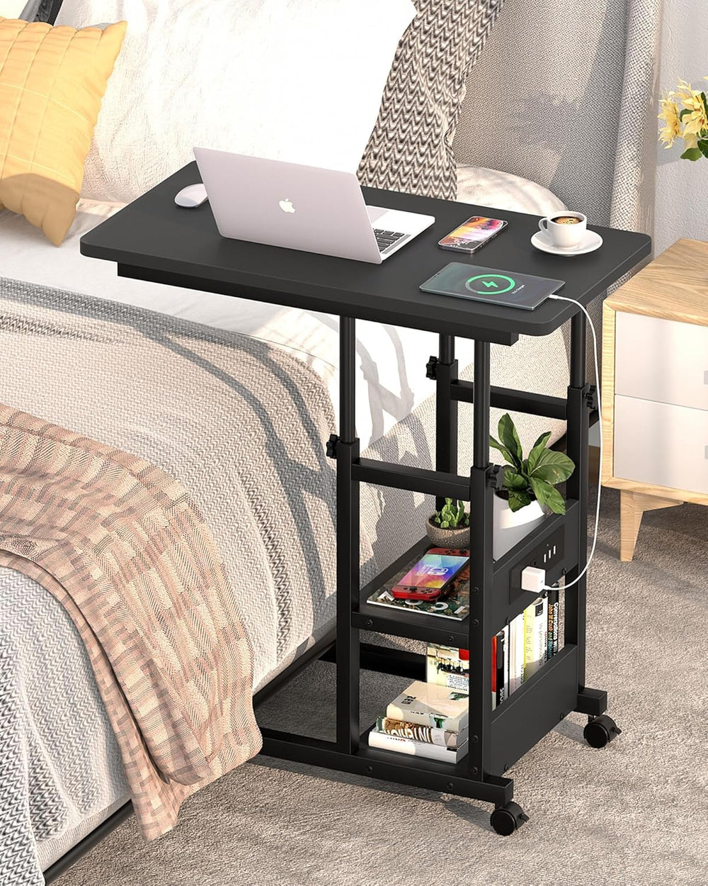 Armocity C Shaped End Table Height Adjustable - Couch Side Table with Chargin...