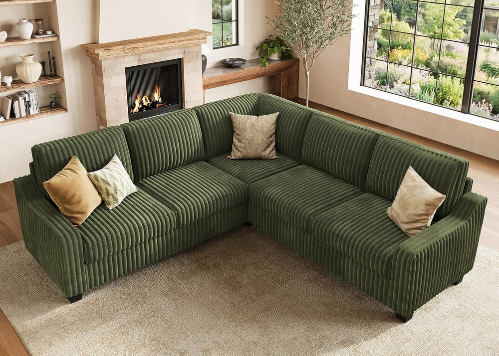 HONBAY Corduroy Convertible Sectional Sofa L Shaped Corner Couch,Green | Comp...