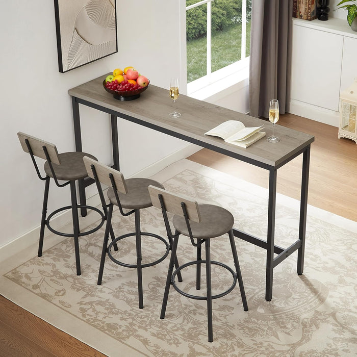 63" L Bar Table and Chairs Set for 3, 4 Piece Bistro Pub Table with 3 PU Upholstered Stools, Counter Height Long Dining Table Set for Kitchen Home Bar, Grey