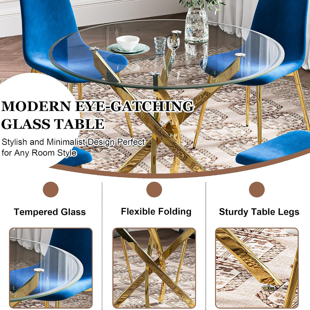 5-Piece Glass Dining Table Set, Modern Round Gold Dining Room Set with Temper...