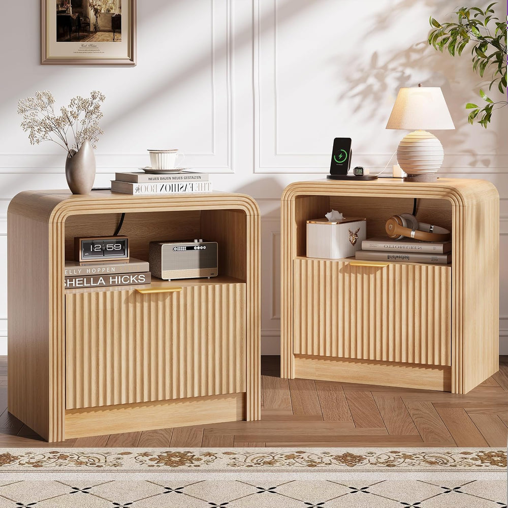 Decofy 23'' Wide Fluted Nightstand Set of 2 with Charging Station, Oak