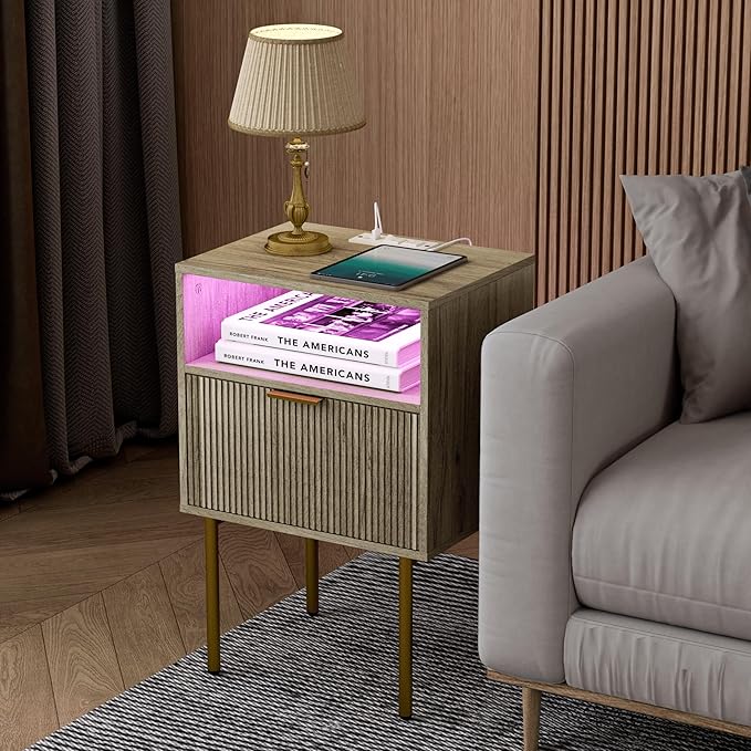 Modern Nightstand with Charging Station and LED Lights, White Bedside Table w...