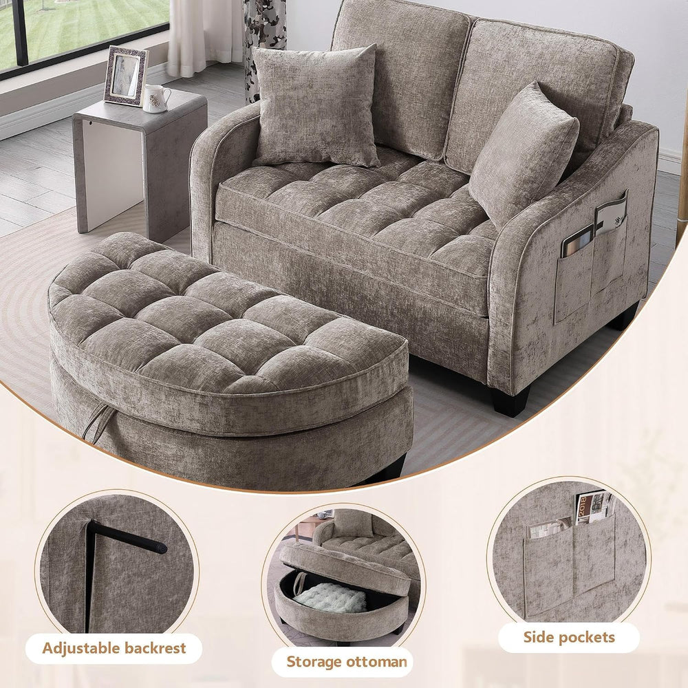 Two-Seater Sofa, Ergonomic and Backrest Design, Ottoman with Storage, Include...