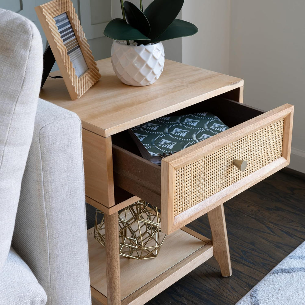 Powell Laurie Natural Wooden Side Accent Table with Cane Drawer Front
