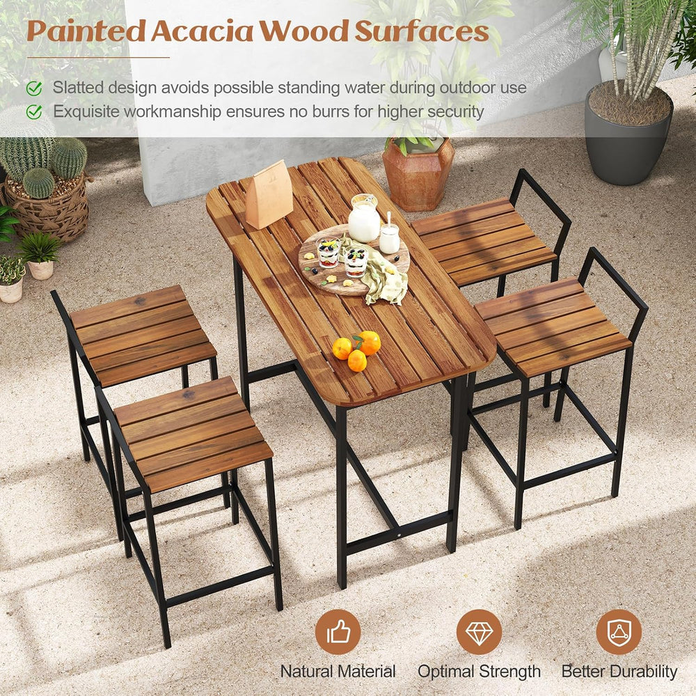 Tangkula 5 Piece Acacia Wood Bar Table Set, Outdoor Bar Height Table & Ch...