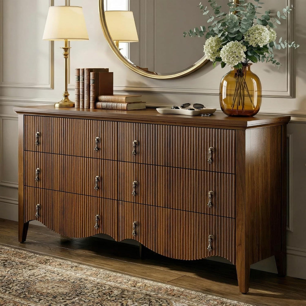 Walnut 6-Drawer Fluted Dresser, Wide Double Chest of Drawers,