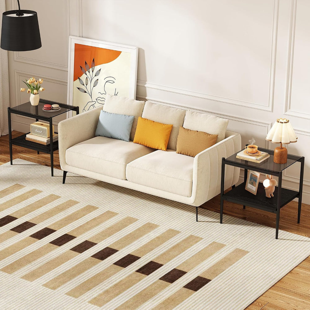 Modern Glass End Table, Tempered Glass Top, Sofa Side Table with MDF Storage ...