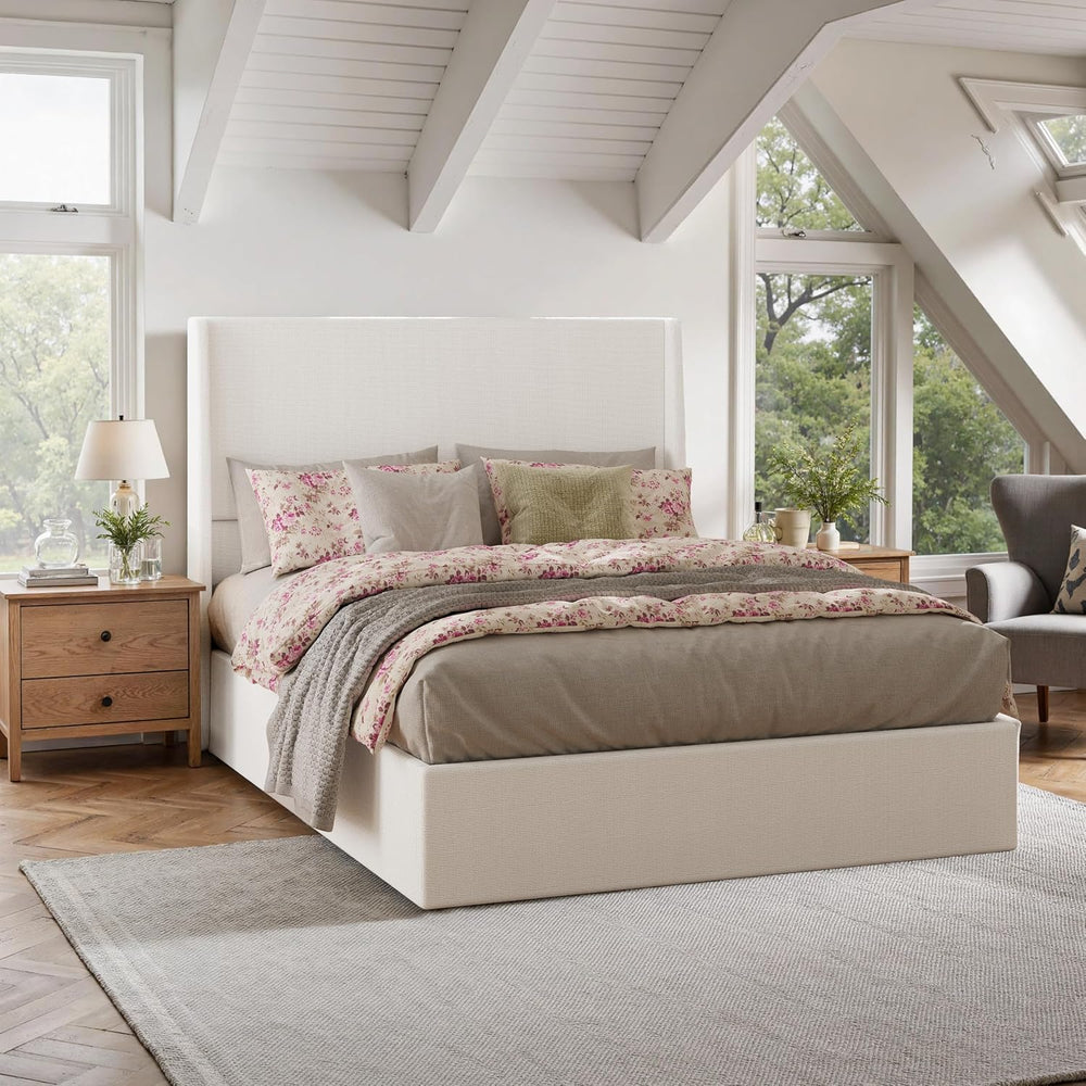 Queen Size Upholstered Bed Frame, 50.8" High Headboard Wingback Bed Fram...