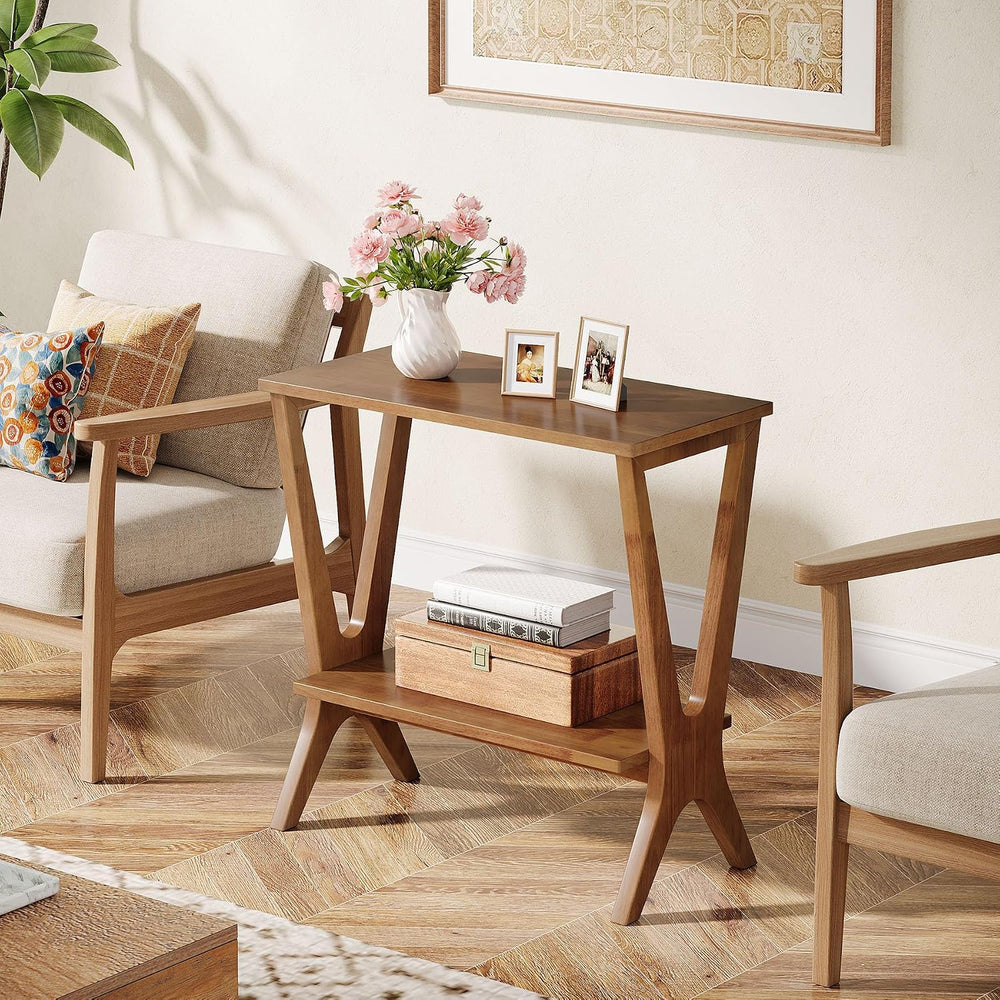 Solid Wood End Table for Living Room, 2-Tier Storage Shelves Sofa Couch Side ...