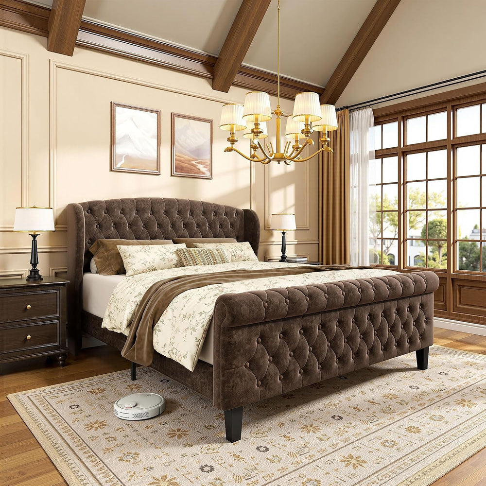 Queen Size Sleigh Bed Frame Upholstered in Chenille with High Offset/Tufted H...