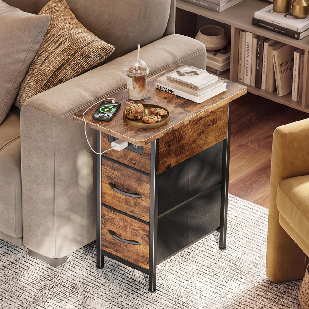 Huuger Narrow End Table with Charging Station, Side Table with 2 Drawers
