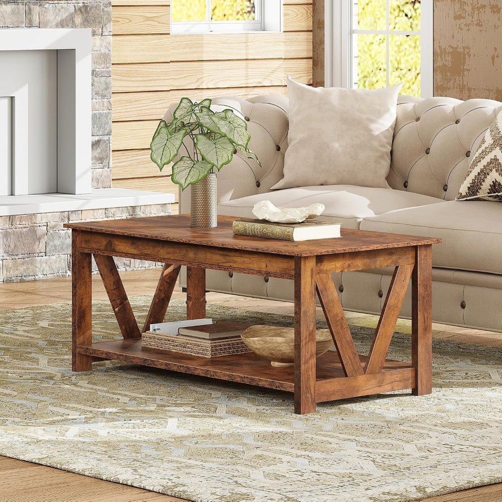 WLIVE Coffee Table, 43.3 Inch Farmhouse Table with Storage, Rustic Brown