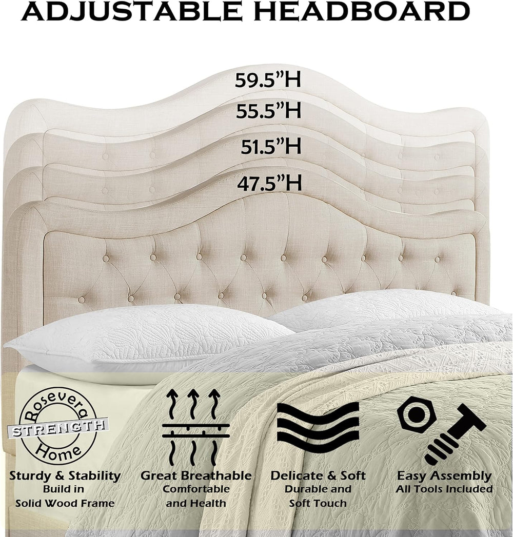Rosevera Niana Upholstered Tufted Natural Linen Adjustable Headboard Bed with...