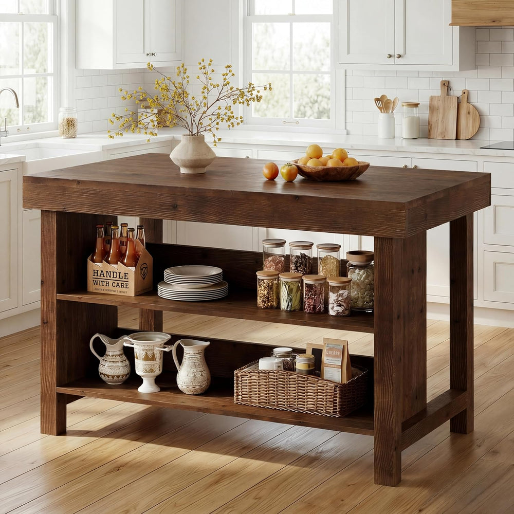 55" Solid Wood Kitchen Island with Storage, Farmhouse Kitchen Island Tab...