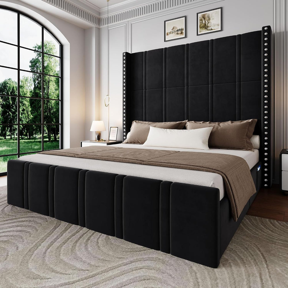 65.75" Tall King Size Bed Frame and Headboard, Black