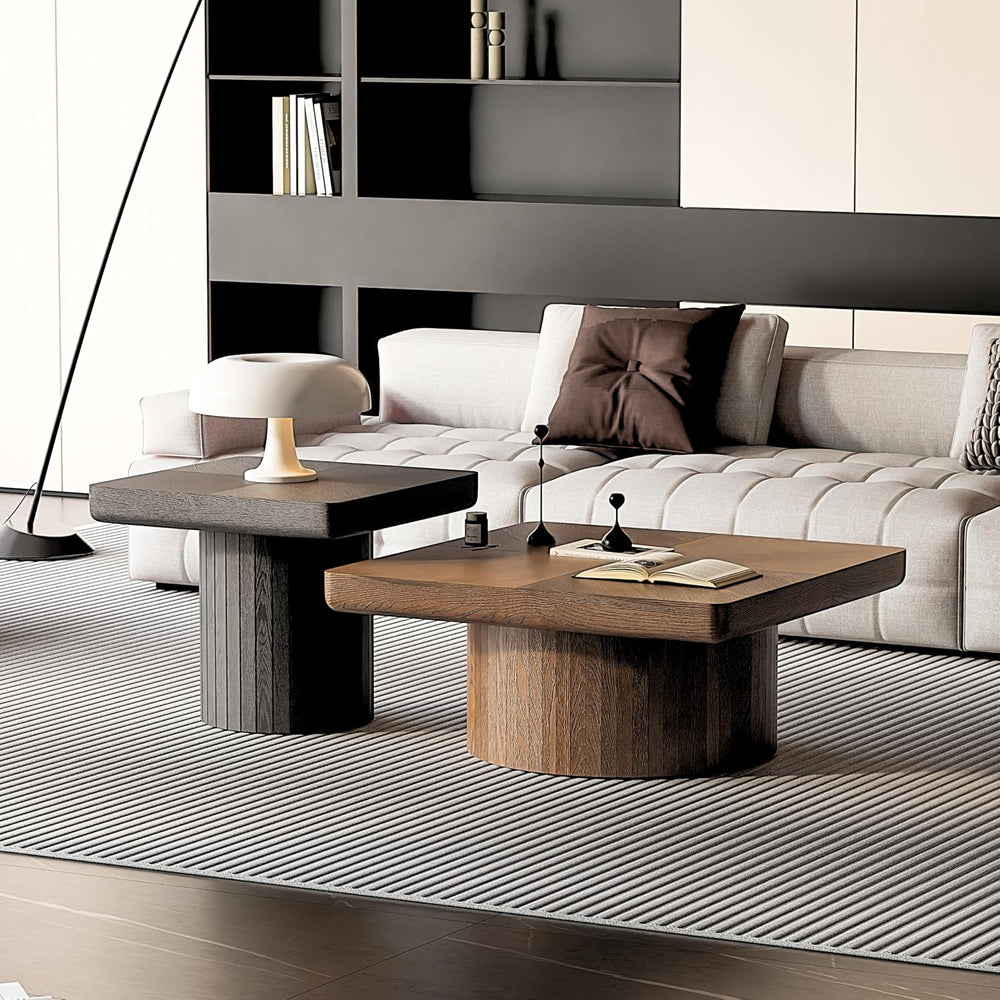 2-Piece Nesting Coffee Table Set, Square Parquet Top Sculptural Base Wood | N...