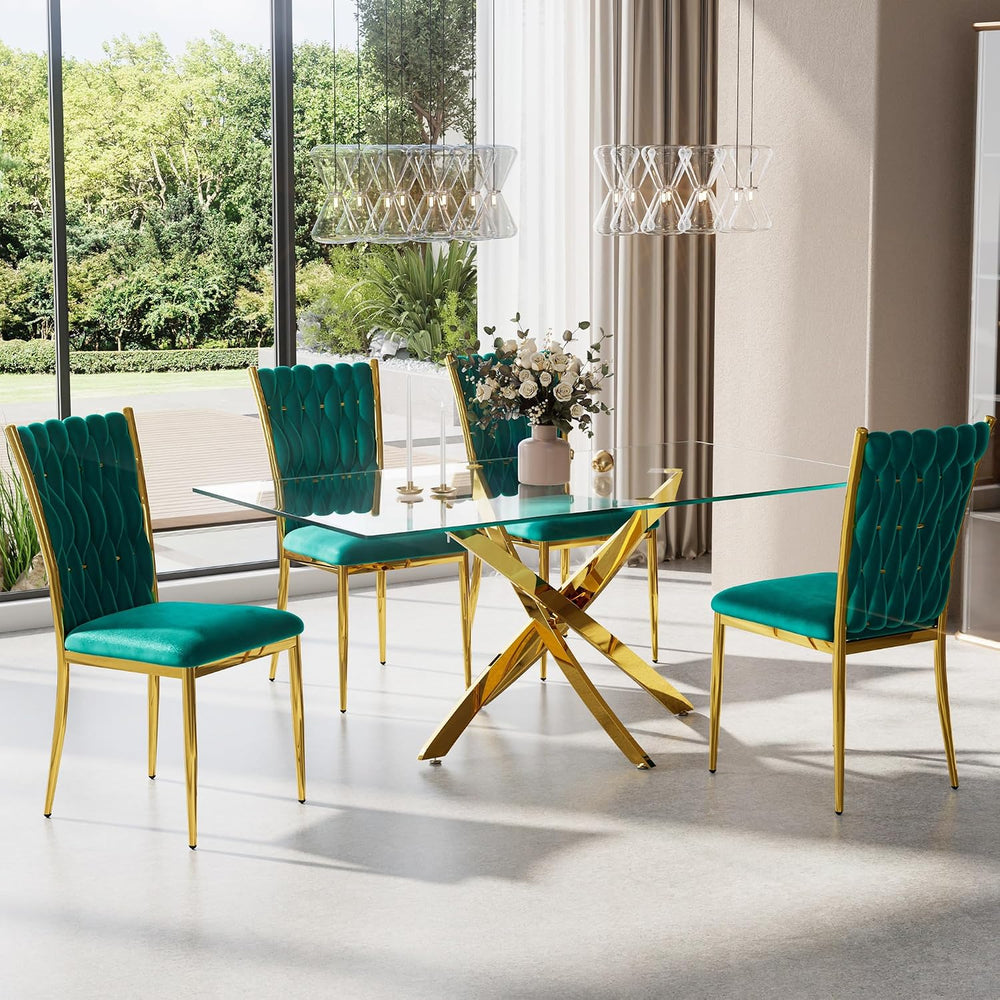 Velvet Dining Chairs Set of 6, Woven Upholstered Dining Chairs with Gold Meta...