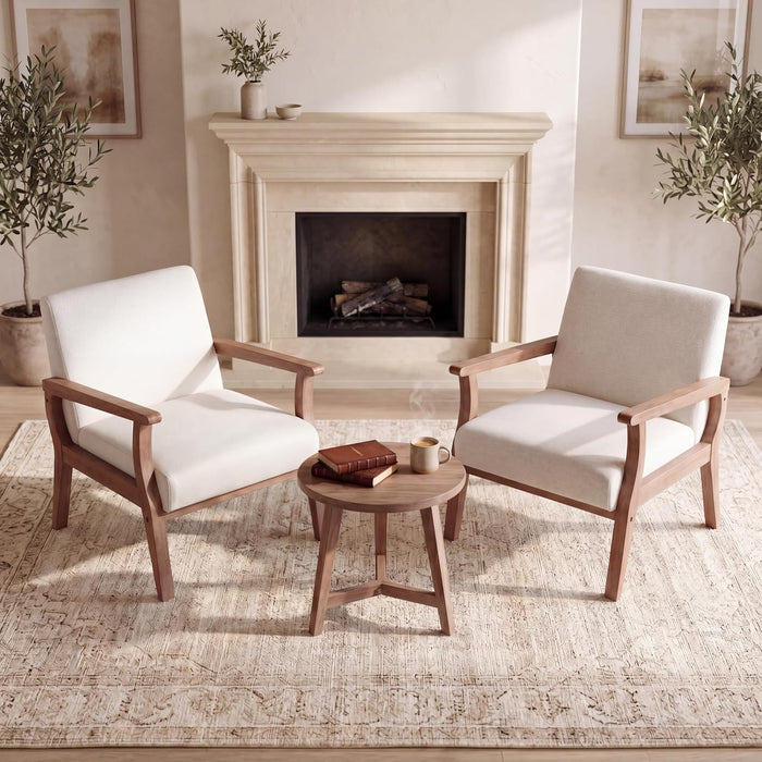 Mid Century Modern Accent Chair Set of 2 Beige Linen Armchair