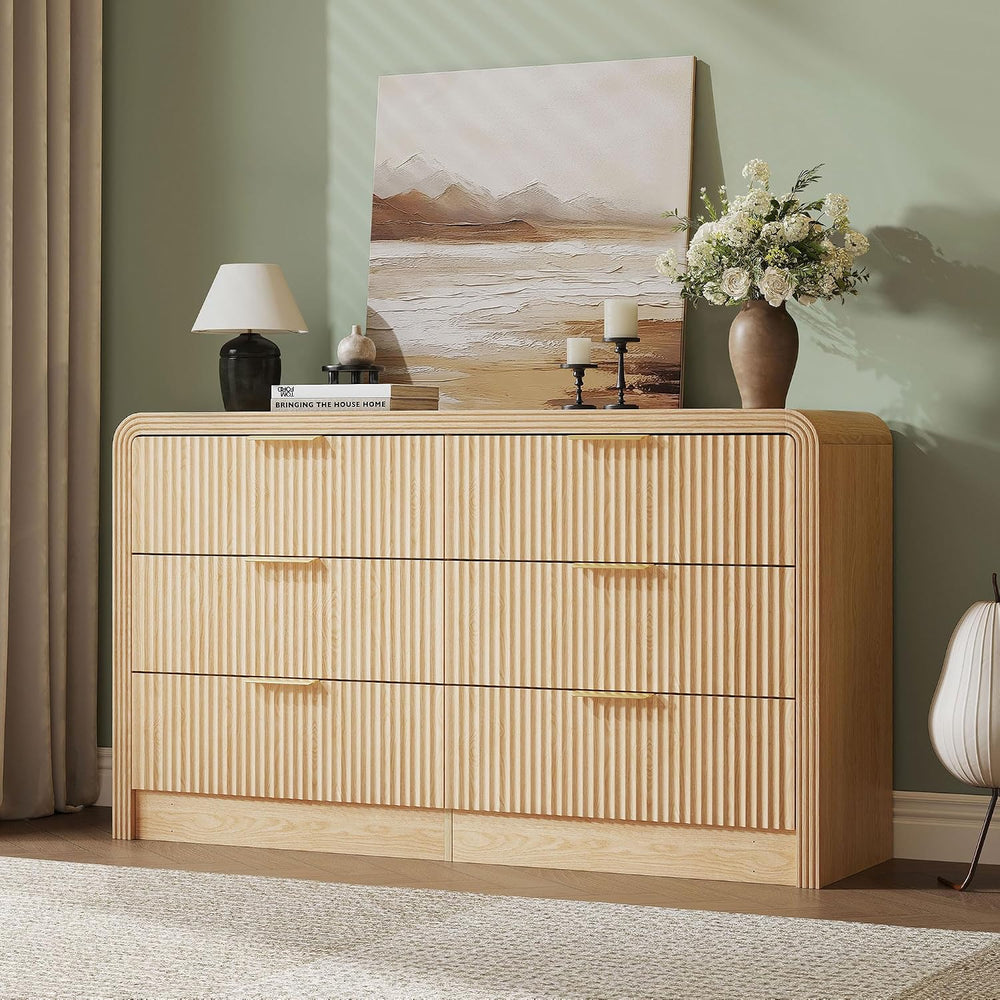Decofy 55" W Fluted 6-Drawer Dresser for Bedroom,Natural Oak