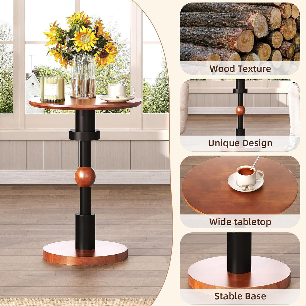 Round End Table, 100% Solid Wood Mid Century Modern Pedestal Side Table, Smal...