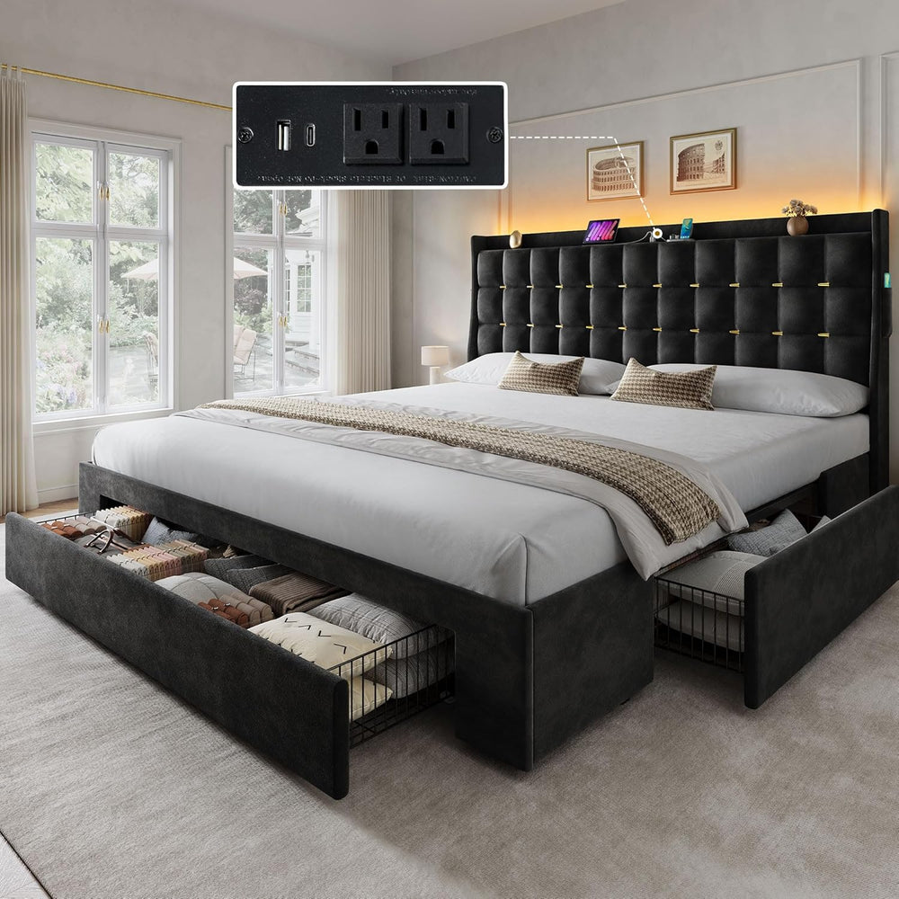 YITAHOME King Size Bed Frame with 3 Storage Drawers and LED Lights, Black