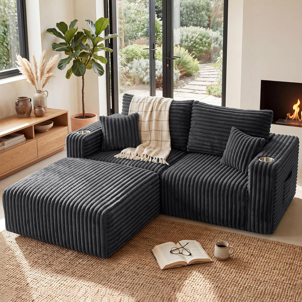 33.5'' Plush Fluffy Corduroy Ottoman for Floor Couch in a Box, Modern...