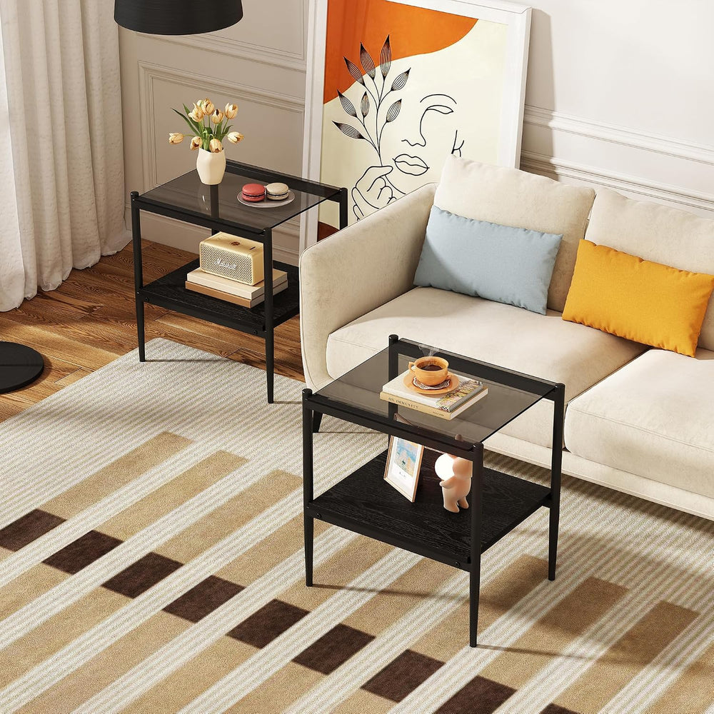 Modern Glass End Table, Tempered Glass Top, Sofa Side Table with MDF Storage ...