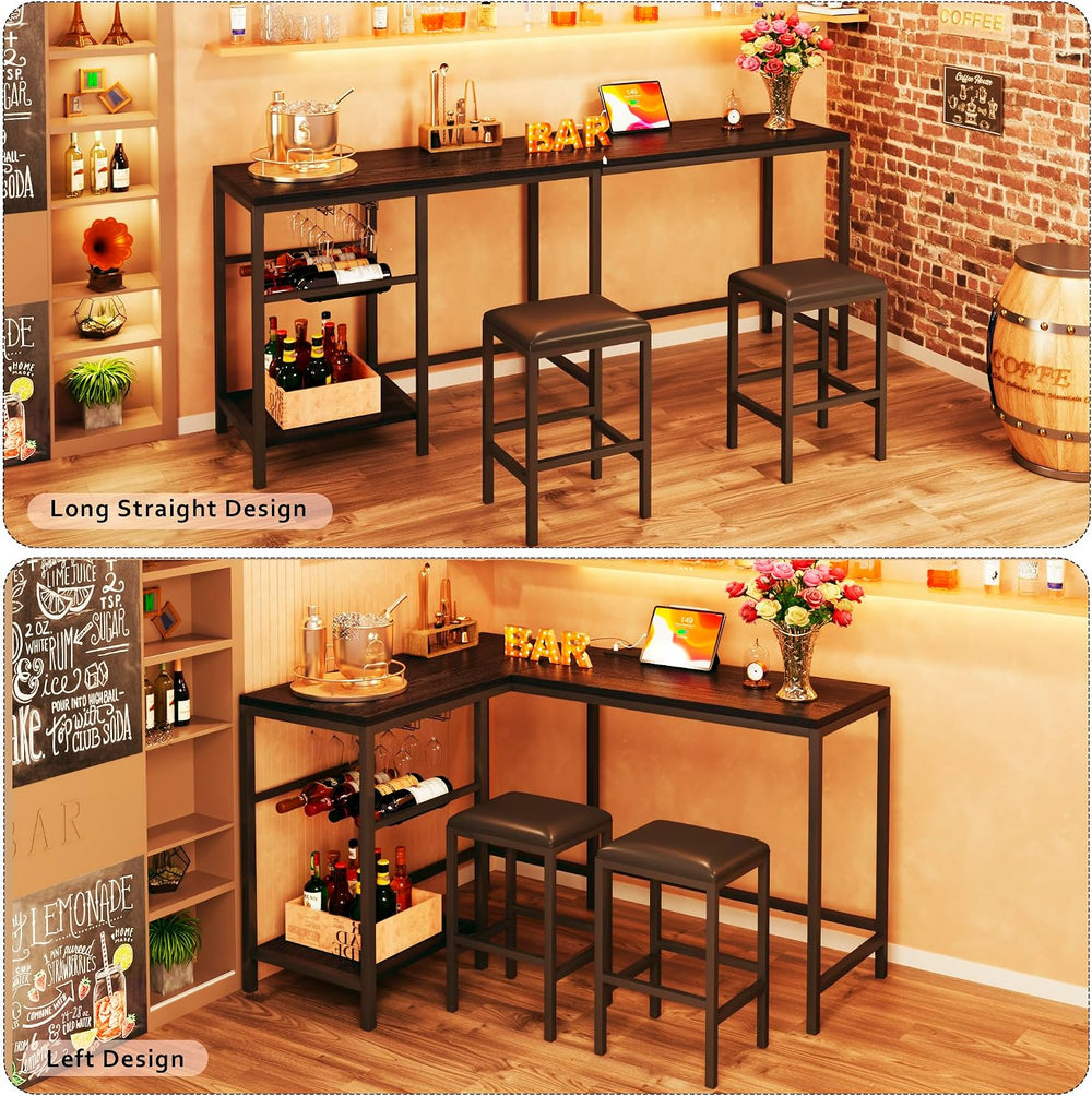 Bar Table and Chairs Set for 2-4, 3-Piece Convertible L-Shaped Dining Set wit...