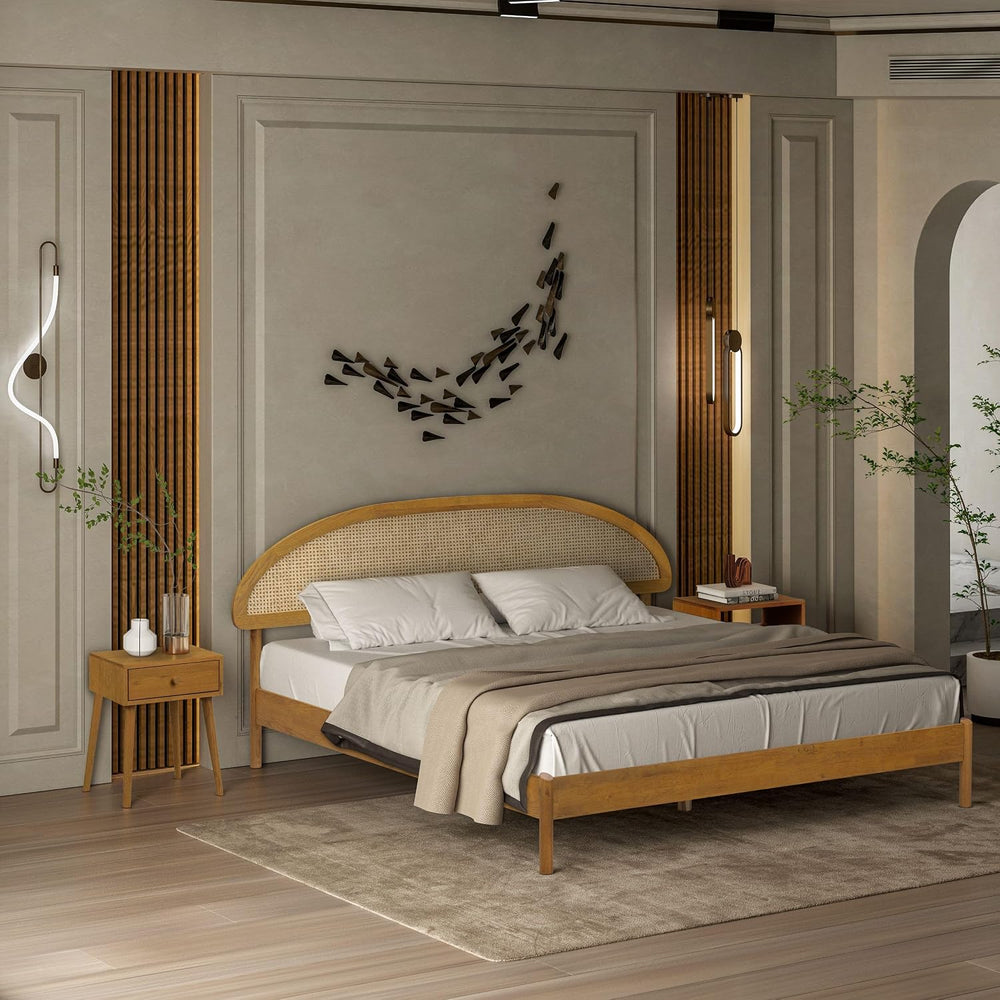 NTC Gem Wooden Bed Frame with Headboard and Natural Rattan, Solid Oak/Rubber ...