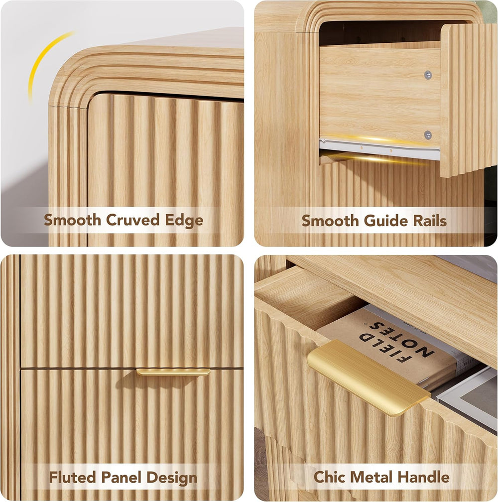 Decofy 23'' Wide Fluted Nightstand Set of 2 with Charging Station, Oa...