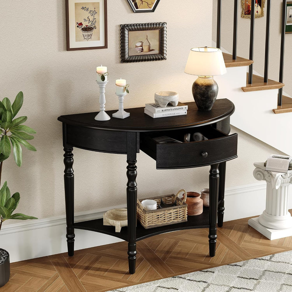 LUMISOL Half Moon Entryway Table with Drawer & Shelf, Black | Rustic Cons...