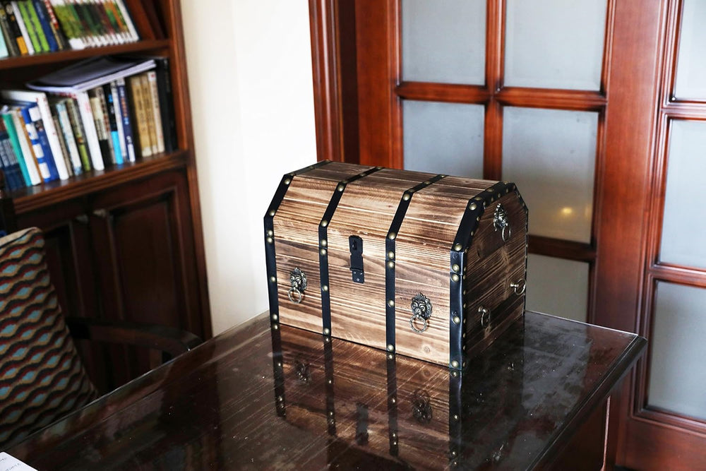 Vintiquewise Wooden Treasure Chest Trunk Vintage-Style Storage Box with Leath...