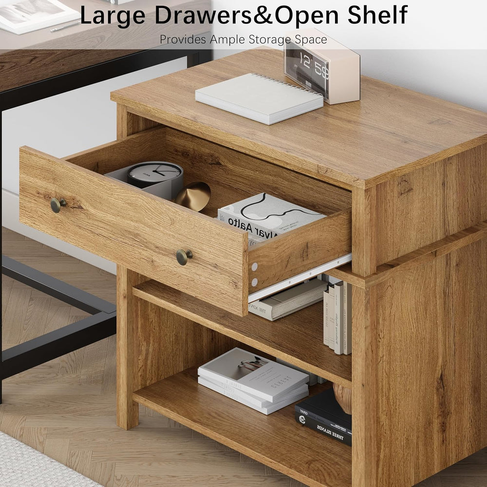 End Table with Drawer and 2 Tier Shelves, Wood Sofa Side Table for Living Roo...
